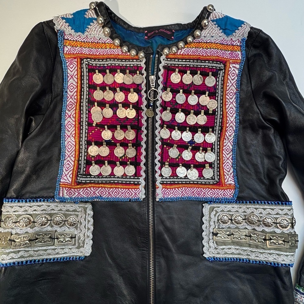 teté by Odette Embellished Leather Jacket Vintage Hmong Tribal OOAK Boho - Picture 5 of 16